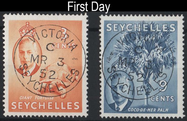 Seychelles 1952 2c, 9c vfu 1st day cds 3/3/52 sg158, 160 - unusual