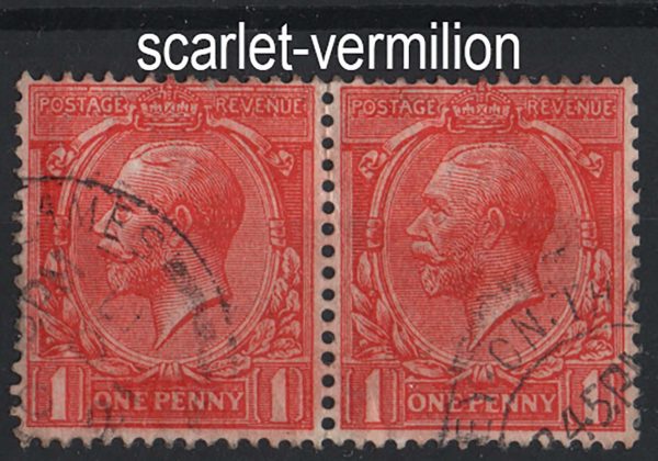 GB 1912 1d scarlet vermilion sg361 vfu cds pair, has an unusual 'varnish'