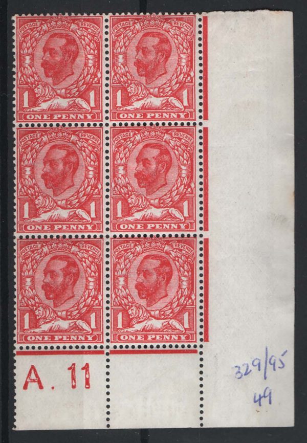 GB 1911 1d die 1b carmine A.11 corner blk of 6, 5x um sg329