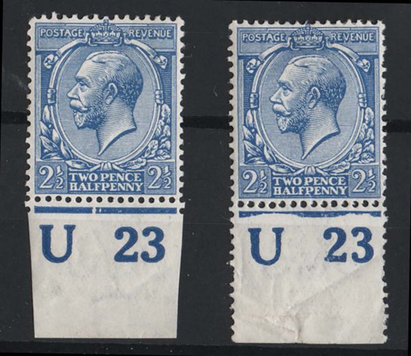 GB 1912 2½d U23 and U23(P) control singles f mint sg372