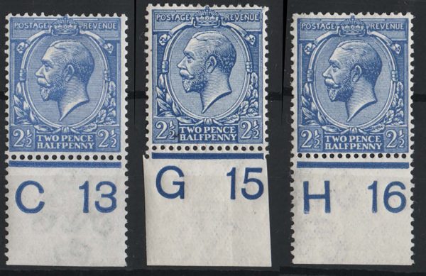 GB 1912 2½d blue C13(P), G15, H16(P) control singles odd nibbled perf