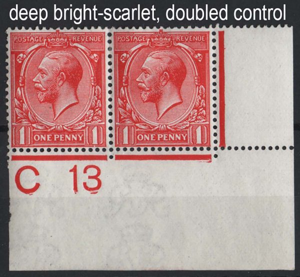 GB 1912 1d deep bright scarlet f mint C13 corner pair (1x um)