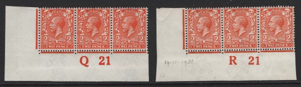 GB 1912 2d bright orange Q21 corner strip of 3 um + R21 orange sg368-9