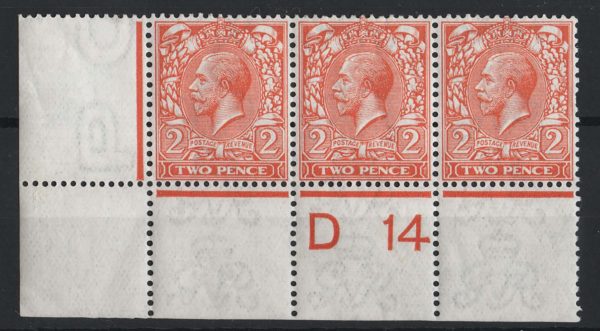 GB 1912 2d reddish-orange D14(P) corner strip of 3 um, short perf at right