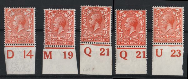 GB 1912 2d orange D14, M19, Q21, Q21(P) and die 2 U23 control singles f mint