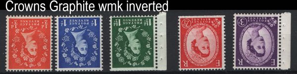 GB 1958 Crowns Graphite wmk inverted set of 5 um, (1½d, 2½d perf trim)