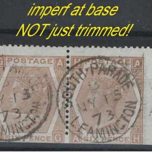 GB 1872 6d pale buff plate 12 sg123 fine used cds pair variety imperf at base RP