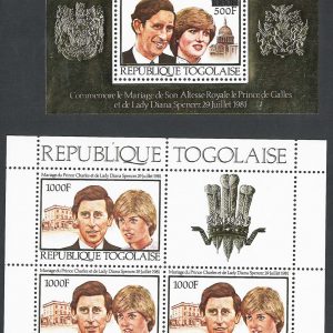Togo 1981 Royal Wedding 1000f (x3) sheetlet, ditto 500f on 1000f 22K gold sheetlet