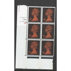 GB 1971 Machin 9p FCP/PVA cyl 3A3B no dot corner block of 6 unmounted mint