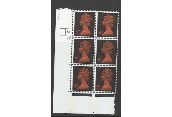 GB 1971 Machin 9p FCP/PVA cyl 3A3B no dot corner block of 6 unmounted mint