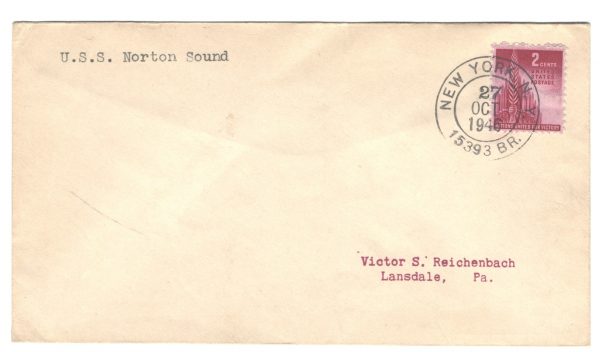 USA 1946 USS Norton Sound (Seaplanes) cover 27 OCT 1946 cds