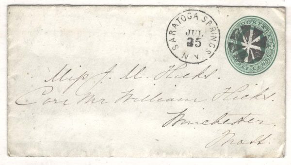 USA 3c Green Washington postal envelope Saratoga Springs wedges fancy cancel