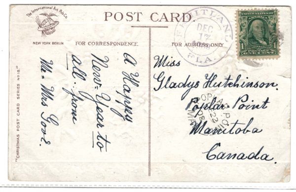 USA 1908 Neat PPC of Poplar Point Manitoba, Fruitland Florida cancel