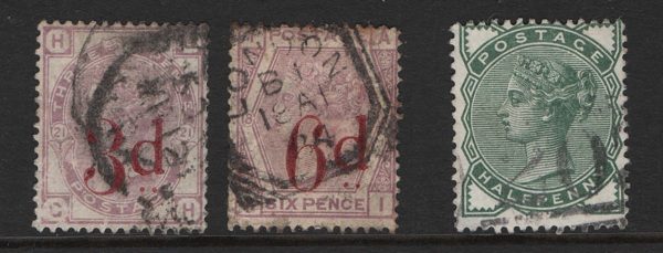 GB 1880 3d on 3d, sg159 good used, perfs a bit dulled at right cat £160, also 6d on 6d +