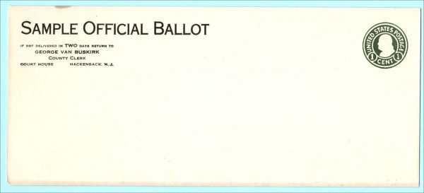 USA Sample Official Ballot 1c stationery envelope unused, Hackensack NJ