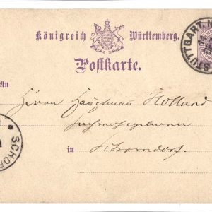 Germany 1889 Württemberg fine 5pf postal card, Stuttgart cds, SCHORNDORF same day cds