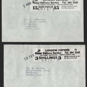 GB 1971 Strike Mail: London Express Delivery 3s stamp on cover, ditto with 15p