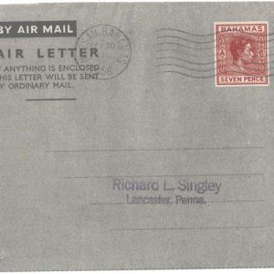 #0043 Bahamas 1945 GVI 7d aerogramme HG2, vfu, 1956 Nassau machine cancel