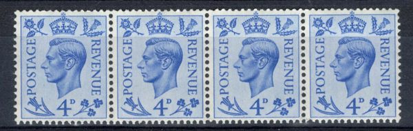 GB 1951 New colours 4d um horiz coil strip of 4, good perfs