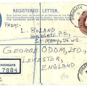 #0800 Jamaica 1960 2d reg envelope fu to UK uprated 1/4d on back (uncancelled)