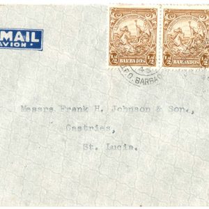 #0048 Barbados 1946 Airmail cover to St Lucia franked 2 x 1/2d + 3d
