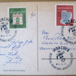 #747 Germany 1953 IFRABA 1953 set on Exhibition postcard neat card