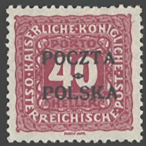 #892 Poland 1919 40h carmine postage due as sgD56 f mint with forged POCZTA/POLSKA