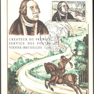 #135 France 1956 Stamp Day, sg1279, Maxicard by First Day cds, horse thematic