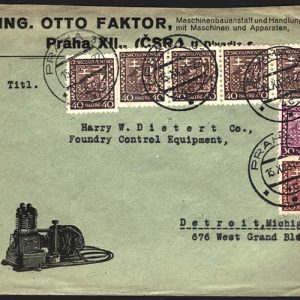 #106 Czechoslovakia 1931 Neat engineering firm's illus cover Prague to Detroit