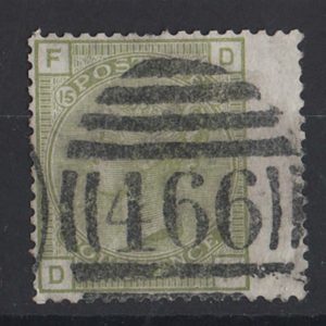 #336 GB 1876 4d sage-green plate 15 sg153 gu. Liverpool 466 duplex c£325