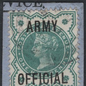 #677 GB Officials 1900 ½d blue-green Army Official sgO42 vfu cds on piece, variety long 1st I