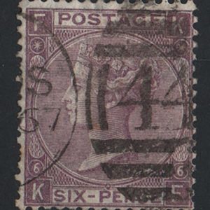 #299 GB 1865 6d lilac plate 6 wmk emblems sg97 odd nibbled perf otherwise fu c£180