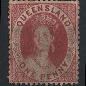 #901 Queensland 1864 1d carmine-rose wmk small star, clean cut perf 14