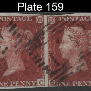 #199 GB 1841 1d red plate 159 HB-HE fu strip of 4 margins as scan, sg8