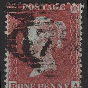 #238 GB 1854 1d red small crown perf 14 sg22 plate R1 RA, vgu Spec C2 c£100