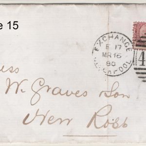 #318 GB 1870 ½d plate 15 fu on neat 1880 cover, Exchange Liverpool code E17 duplex