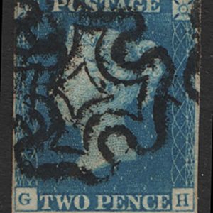 #168 GB 1840 2d blue plate 1 GH vfu, black MX, 4 close-good margins, sg5