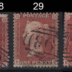#248 GB 1854 1d red LC14 plate 28 TK, plate 29 BE, plate 30 KB fu sg29 C8