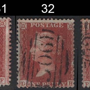 #249 GB 1854 1d red LC14 plate 31 HF, plate 32 DH, plate 33 PH, fu sg29 C8