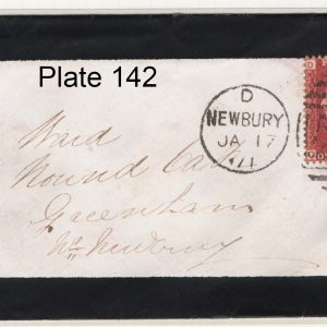 #270 GB 1858 1d red plate 142 fu on 1871 mourning cover to Newbury, Newbury duplex
