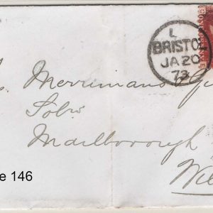 #271 GB 1858 1d red plate 146 fu on 1873 cover to Marlborough, Bristol duplex sg43