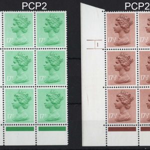 #592 GB 1971 Machin um PCP/PVAD 17p green PCP2 cyl 4 no dot + 17½p PCP2 cyl 1