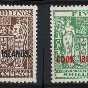 #092 Cook Is 1936 2/6d, 5s postal fiscals, thick Cowan paper um sg118-119 c£98