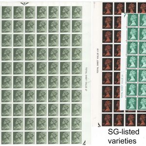 #607 GB 1971 Machin: three um blocks with SG-listed varieties: 2p PCP r15/4, 3½p CB