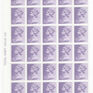 #577 GB 1971 Machin 5p pale violet 2B with light AOP streaks cyl 7 dot ¼-sheet um 50