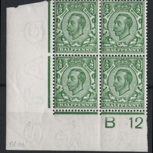 #434 GB 1911 ½d die 2 wmk cypher sg344 vf mint B12(w) plate 10b corner blk of 4