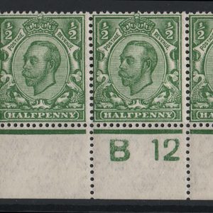 #439 GB 1911 ½d green die 2 wmk multi-cypher sg347 um B12(c) corner strip of 3