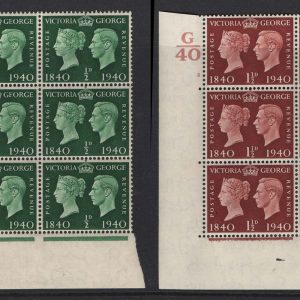 #524 GB 1940 Centenary ½d um cyl 3 no dot blk of 6, ditto 1½d cyl 3 no dot sg479