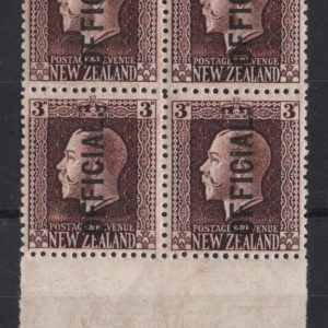 #868 New Zealand 1915 3d chocolate Official perf 14x14½ sgO100b um blk of 4