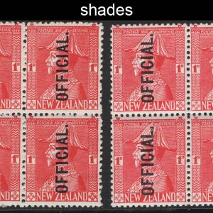 #874 New Zealand 1927 1d Field Marshall perf 14 Official, um blks of 4